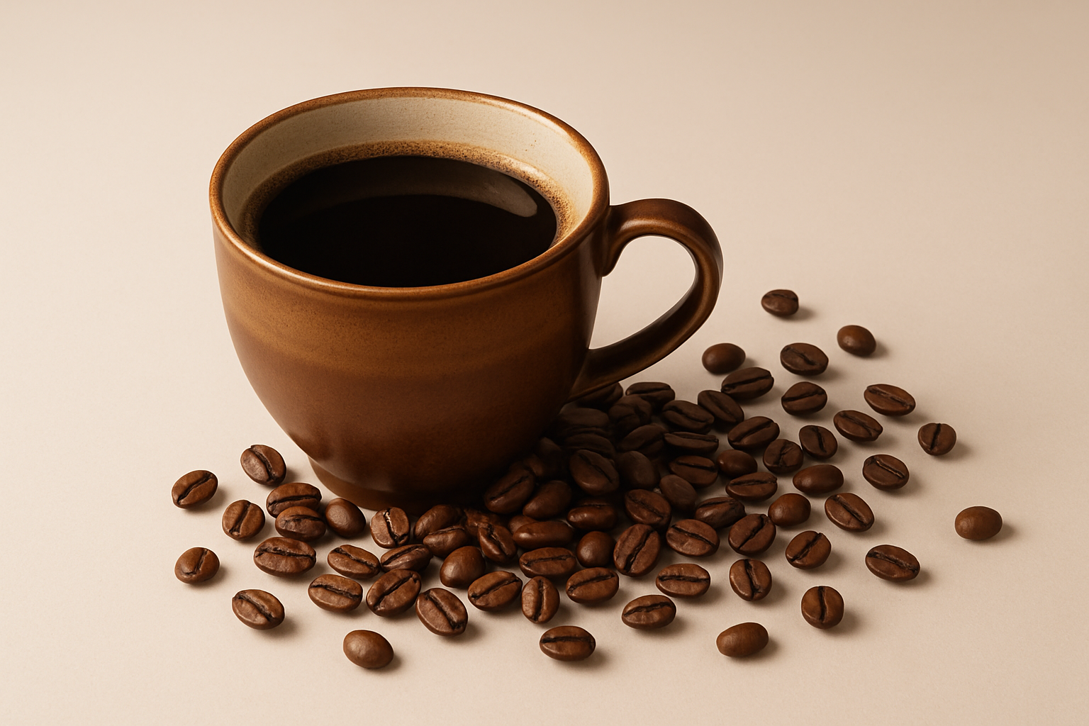 generera en bild med en kaffekopp med kaffe i och kaffebönor runt omkring som skulle passa riktigt bra bredvid en rubrik med text